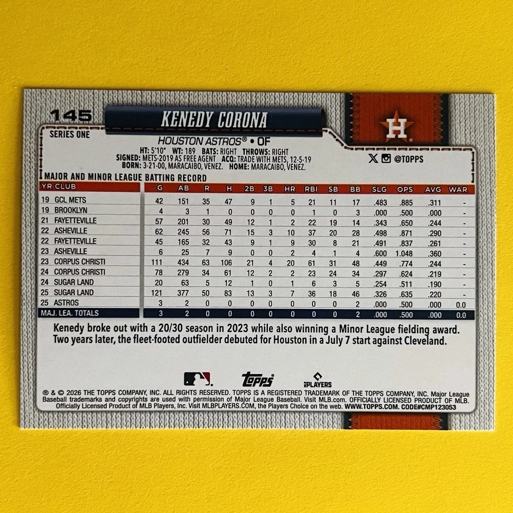 2026‎ Topps Series 1 Kenedy Corona Silver Crackle Foil #145 Houston Astros RC
